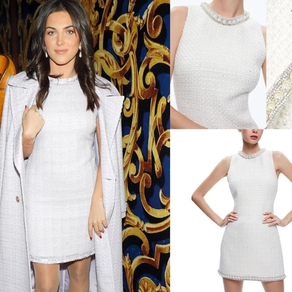 ALICE + OLIVIA COLEY WHITE TWEED BOUCLE RHINESTONE PEARL MINI DRESS $550 SMALL 6